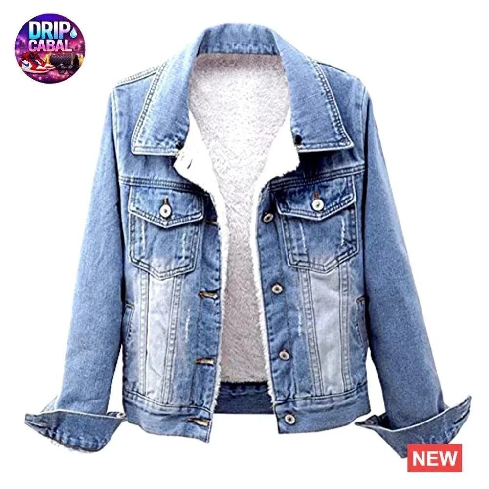 Detachable Hoodie Sherpa Fleece Lined Denim Trucker Jacket Y2K Chic - Picture 2 of 7